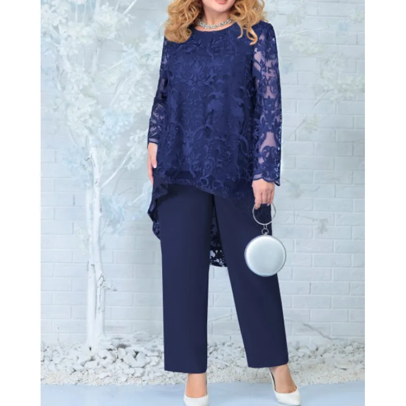 

Женский винтажный комплект из двух предметов, Свободный Длинный топ с асимметричной вышивкой и брюки до щиколотки