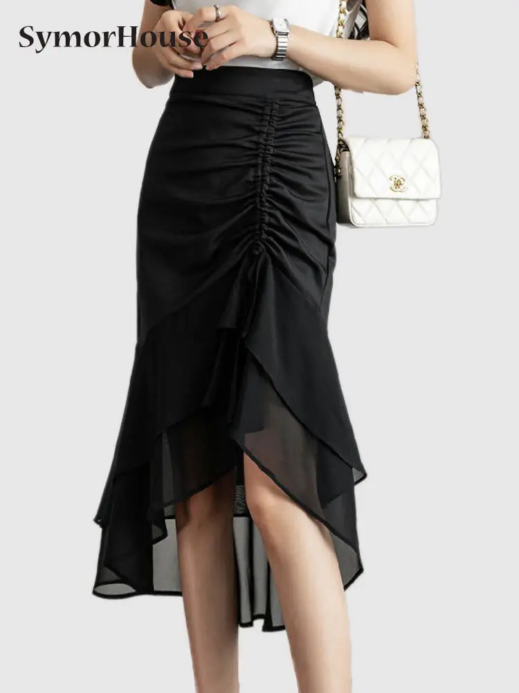 

Spring Summer Autumn New Black Wrap Hip Mermaid Skirts Fashion Mesh Ruffles Stitching Korean Fashion Office Pencil Skirts Female