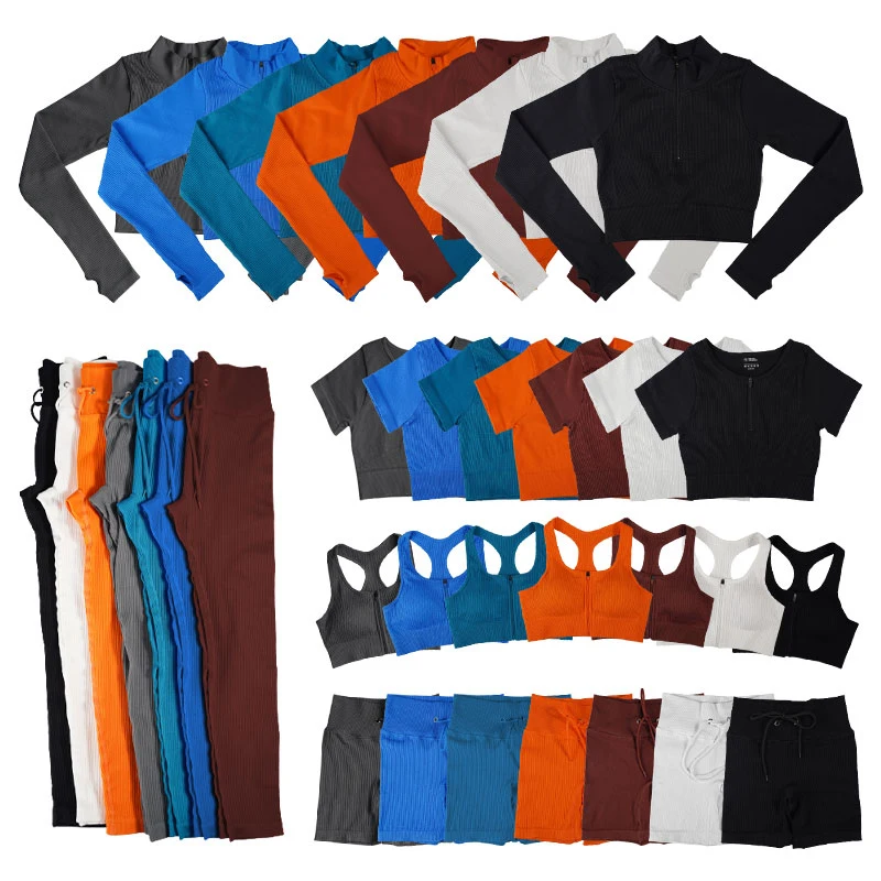 

5 PCS Seamless Women Yoga Set Workout Gym Wear Sports Bra Set High Waist Leggings Short Sleeve Top Running Sportswear