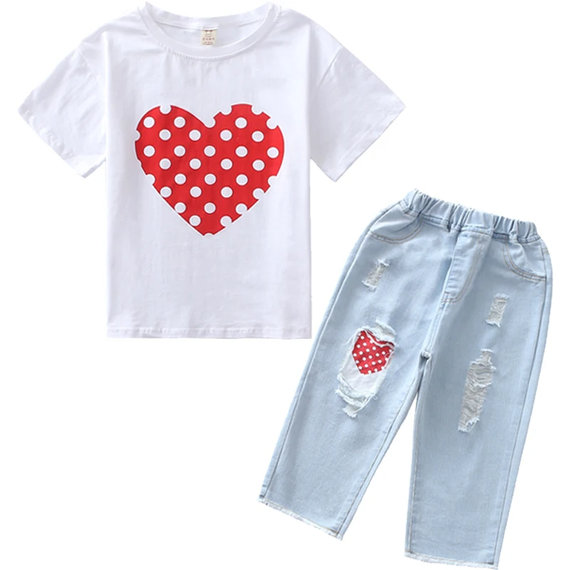 TILAMEHO Teenage Girls Clothing Sets Patchwork T-shirt+jeans Fashion Tops Denim Pants Jeans For Girls Clothes 6 7 10 11 12 Years
