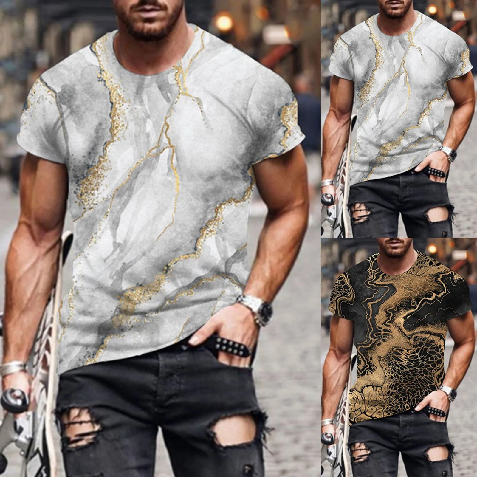 

Рубашка мужская с круглым вырезом, элегантная свободная деловая сорочка с принтом и короткими рукавами, топ в офисном стиле, весна-лето