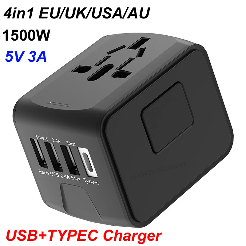

EU/UK/USA/AU Plug AC 110V-220V 6A 1500W Travel Socket Power Adapter 3 USB Ports+5V 3A Type c Fast Charging Charger Phone