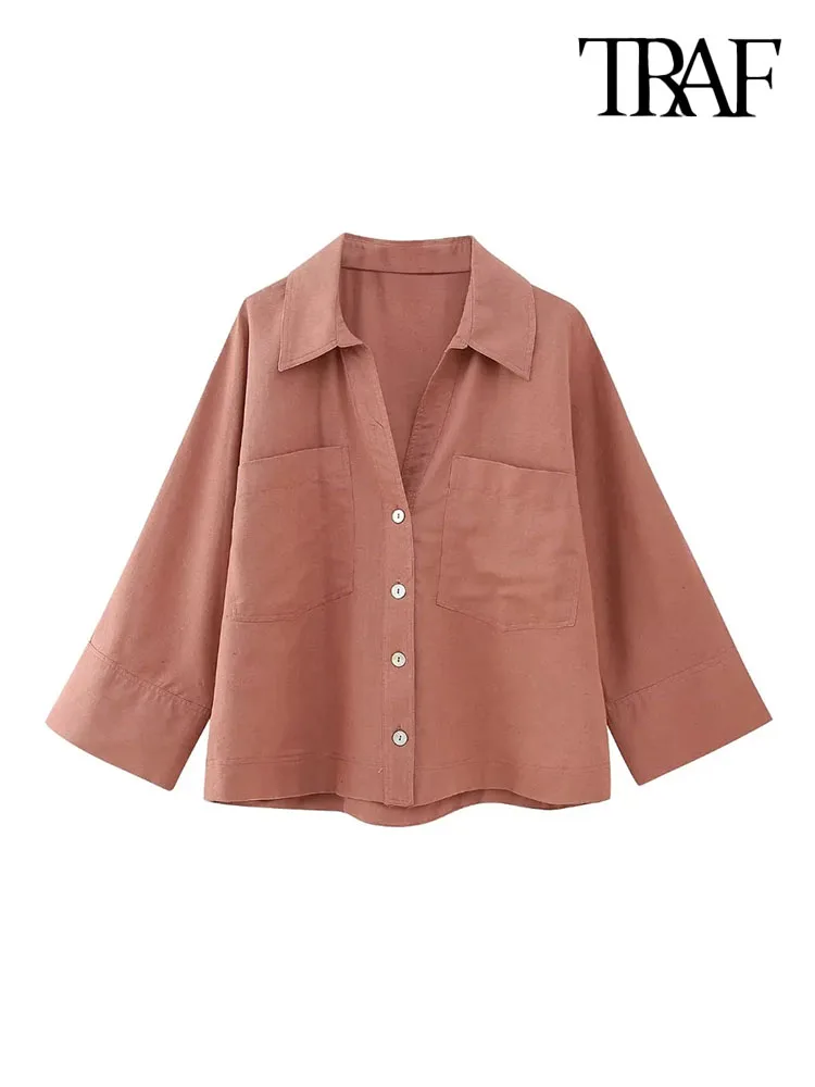 

TRAF Women Fashion With Patch Pockets Oversized Linen Shirts Vintage Long Sleeve Button-up Female Blouses Blusas Chic Tops