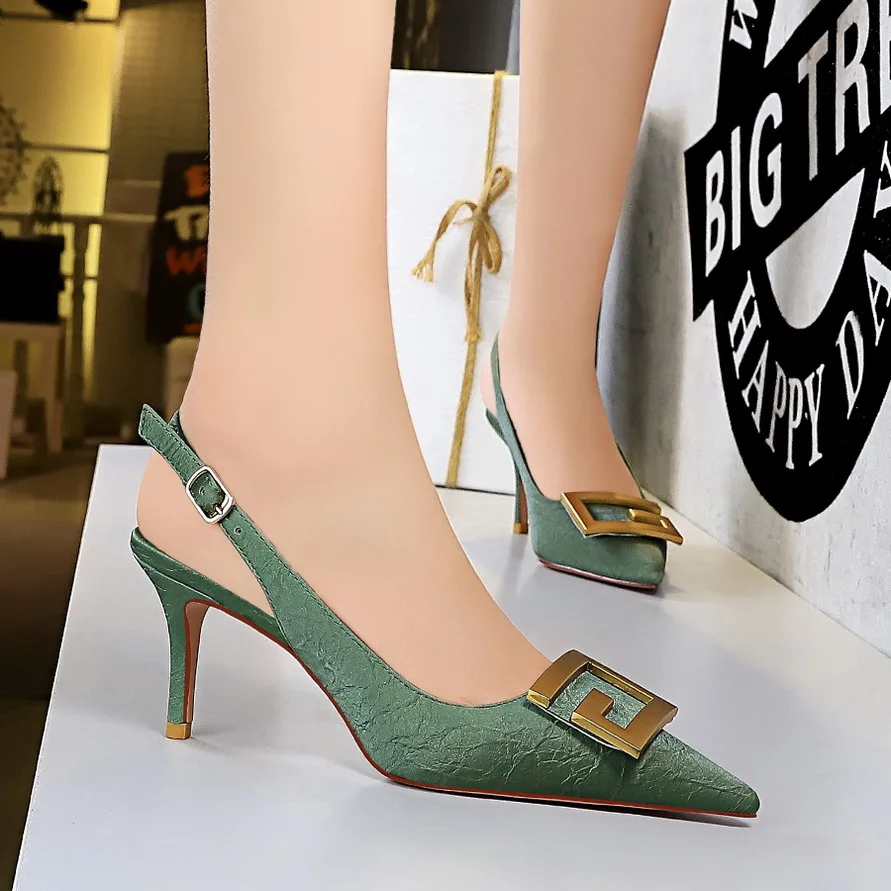 

Sexy Women Nude Pumps Spike High Heels Lady Bridal Shoes Gladiator Summer Pointed Toe Casual Thin Buckle Metal Button Wedding