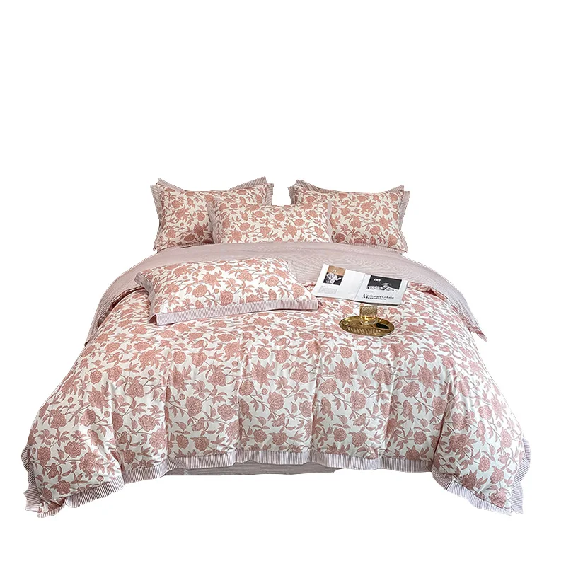 

Parure de lit en coton avec motif rose rose et housse de couette 4 pièces grand