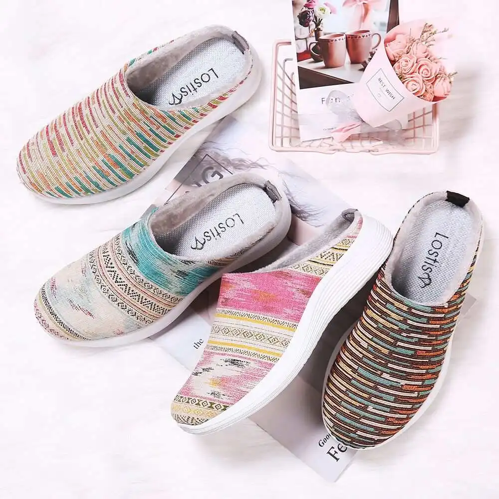 

2022 New Stripe Printing Canvas Slippers Slip Resistant Flat Backless Shoe Women Casual Slip On Flat Shoes Closed Toe Comfy Shoe
