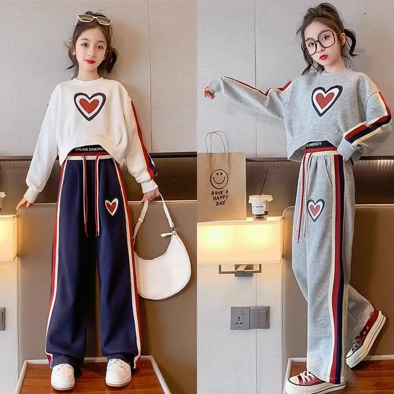 

Girls' Love Sets Pullover Sweatshirts Wide-leg Pants Drawstring Side Striped Korean Sport Fashionable 2023 Spring 5-12 Years Old