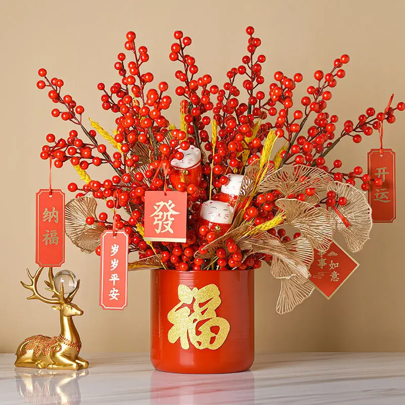 Chinese Red Fortune Fruit Metal Bucket Vase Fake Flower New Year Wedding Ornaments Store Cafe Decoration Home Furnishing Crafts