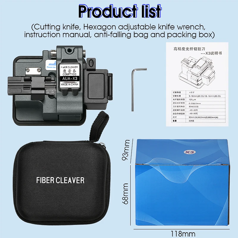 AUA-X3 High Precision Fiber Cleaver FTTH Cable Fiber Optic Cutting Knife Tools Cutter Three-in-one Clamp Slot 24 Surface Blade
