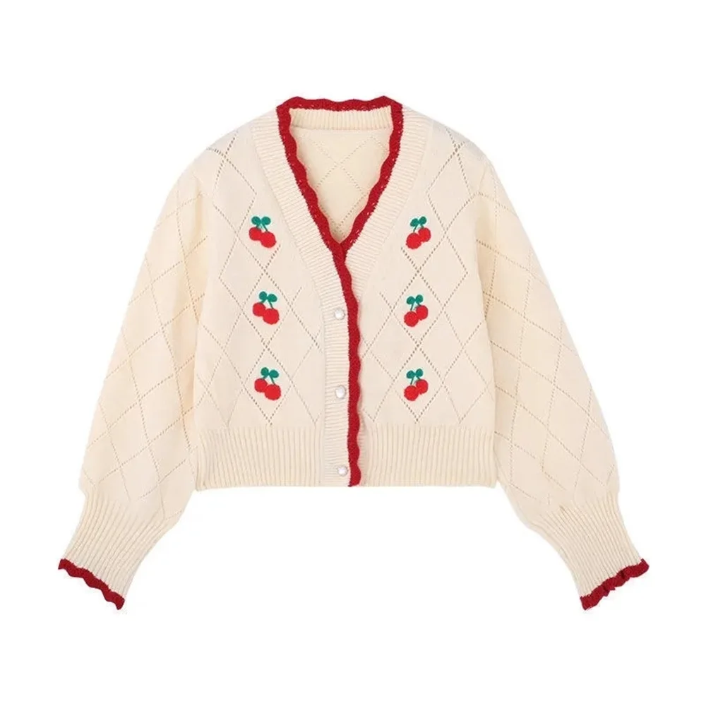 

Cute Girl Short Loose Top Cherry Contrast Knitted Cardigan Autumn and Winter 2023 New Sweet Vintage Gentle Long Sleeve Sweater