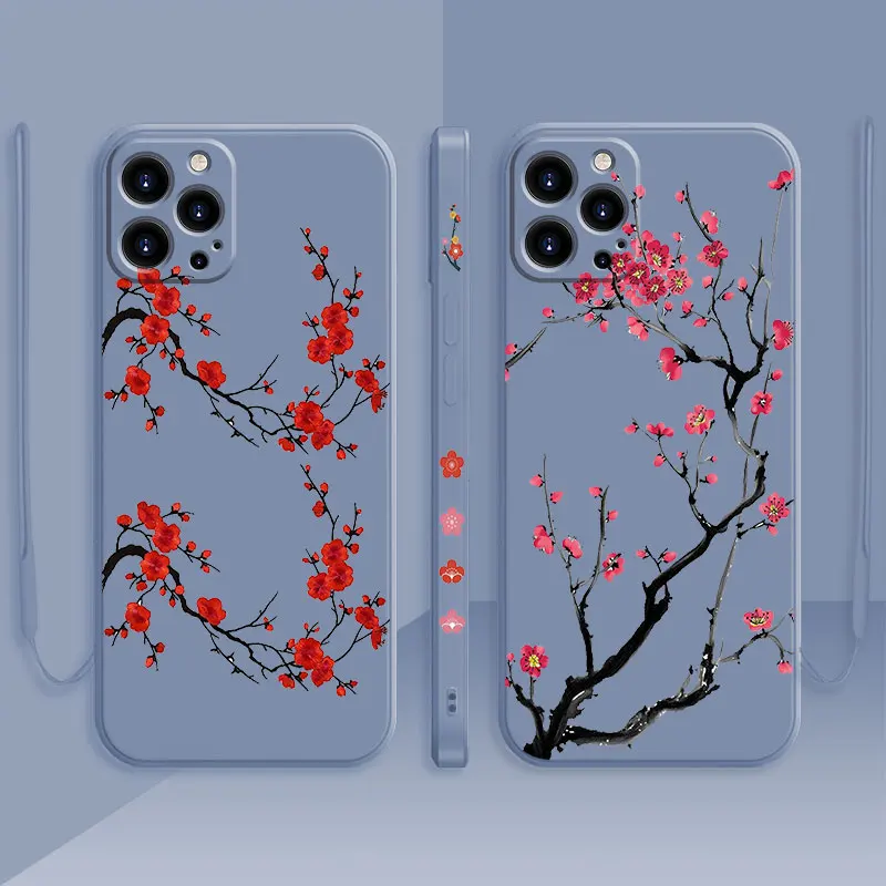 

Candy Color Square Liquid Case For iPhone 13 12 11 Pro Max Mini X XR XS Max 7 8 6s Plus SE Red Flower Plum Blossom Wintersweet