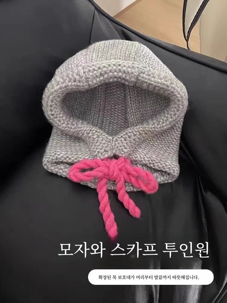 Балаклава шапка женская новая осенне-зимняя теплая шерстяная вязаная с ушками