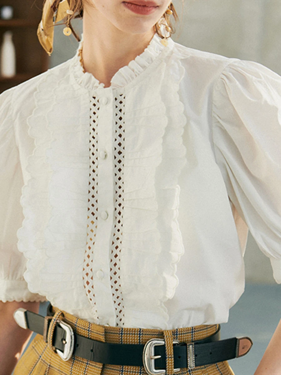 

Retro Ruffles Shirt Woman Summer Stand-up Collar Short Puff Sleeves White Blouse Elegant Vintage Female Chic Blouses Top 2022