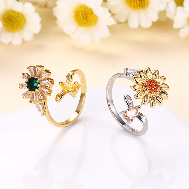 

Adjustable Sunflower Rotating Ring Sunflower Diamond Bee Simple Versatile Popular Anti-Pressure Ring