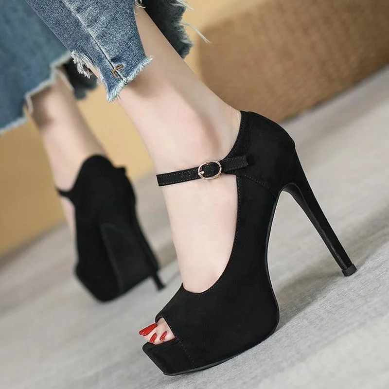 

One Word Buckle 12cm High Heels Stiletto Waterproof Platform Single Shoes Night Work Shoes Fish Mouth Wedding Party Dress Shoes