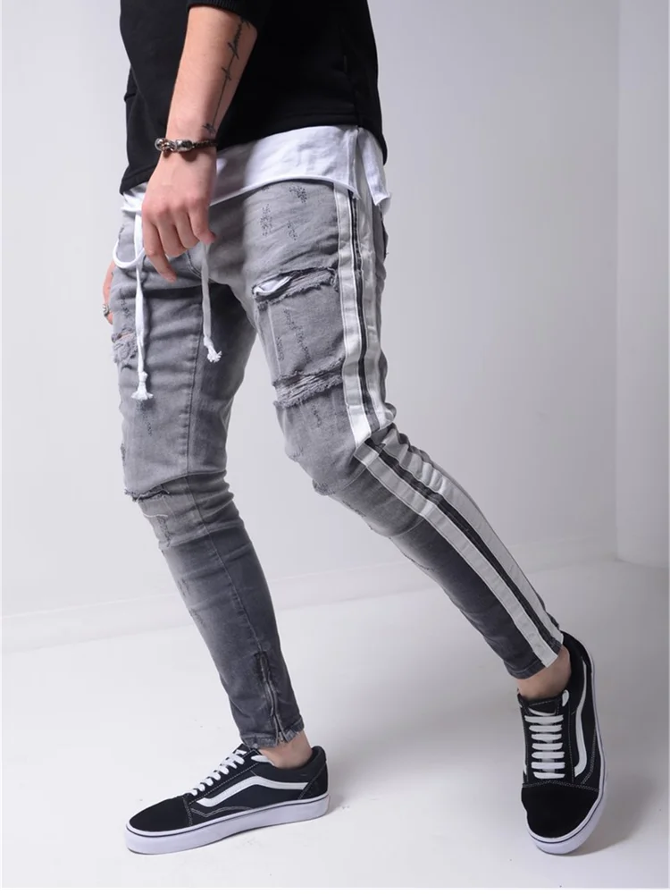 Fashion Men's Skinny Stretch Ripped Male Jeans Slim Fit Denim Trousers 2021 New Streetwear Gradient White Black Casual Jeans Men