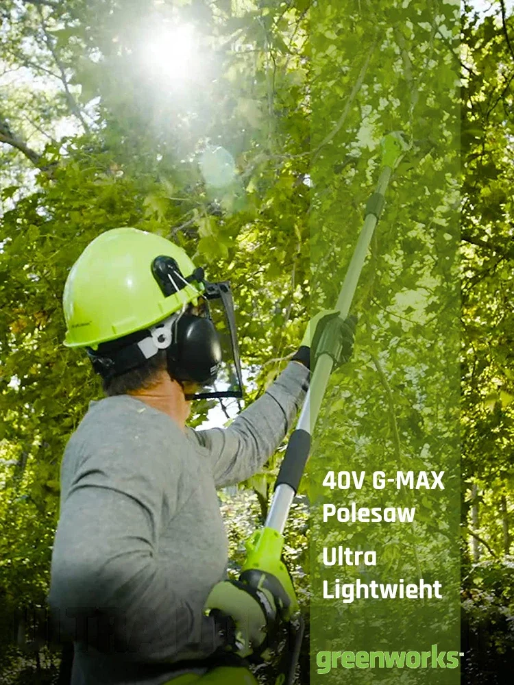 Фото Беспроводная полюсная пила Greenworks, 40 в, 8 дюймов, с приспособлением для подрезания живой изгороди до 9 футов, Untra, легкий полюсный триммер 20302 №5