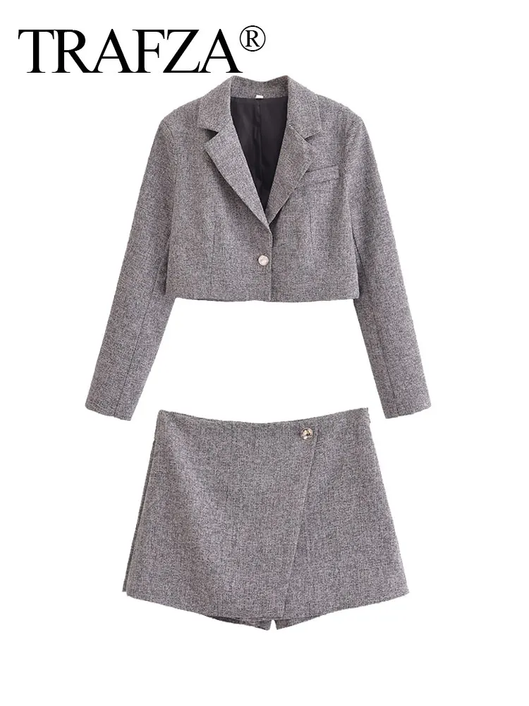 TRAFZA 2024 женские летние серые шорты комплект в стиле ретро блейзер на одной