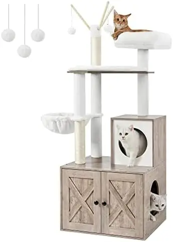 Enclosure, 2-in-1 Modern Cat Tower, Litter Box Furniture Hid