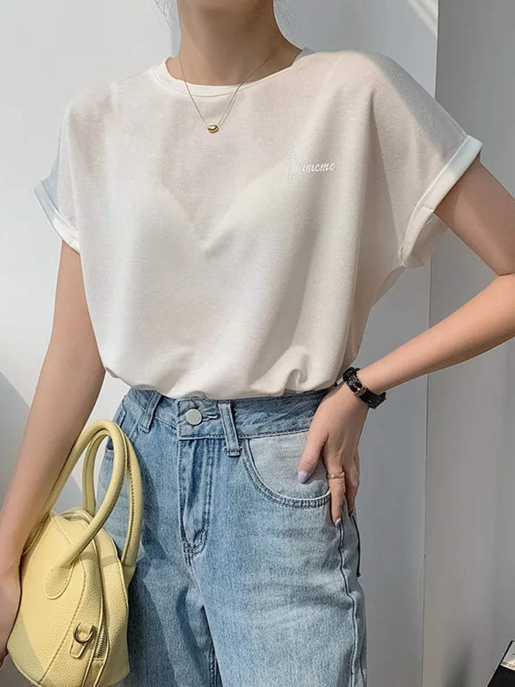 

Женская футболка с короткими рукавами, Повседневная Свободная однотонная Базовая футболка с круглым вырезом и вышивкой, лето 2022