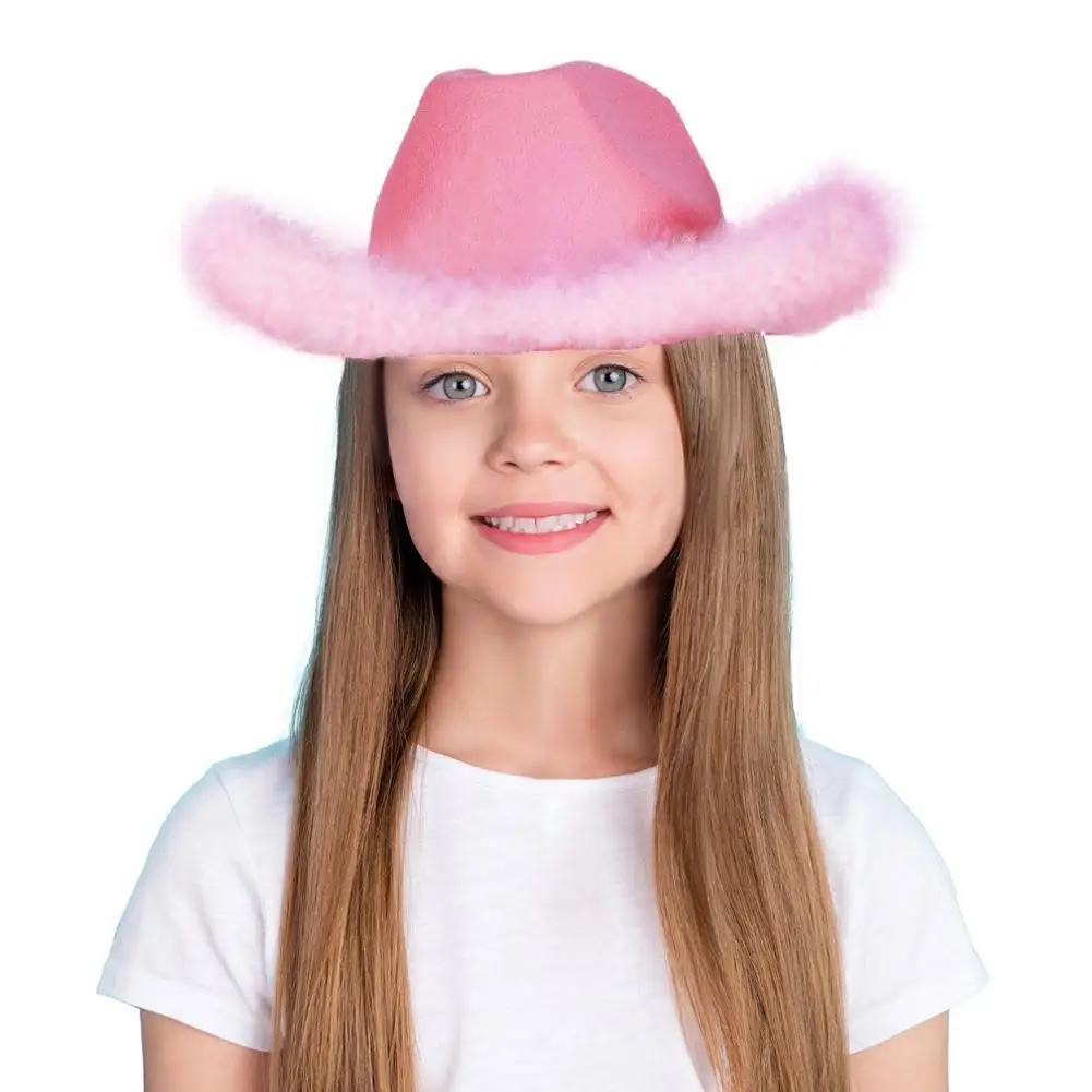 

Женская светильник щая розовая тиара в западном стиле, шляпы в рулоне для девушек, Пляжная ковбойская шляпа с перьями и блестками для вечерн...