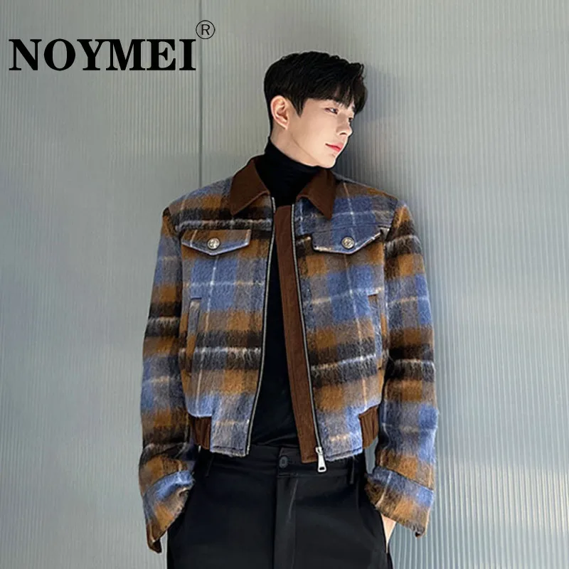 

NOYMEI Short Plaid Design Jacket Fashionable Korean Style Lapel Contrast Color Woollen Coat Winter Tide Zipper Handsome WA1933