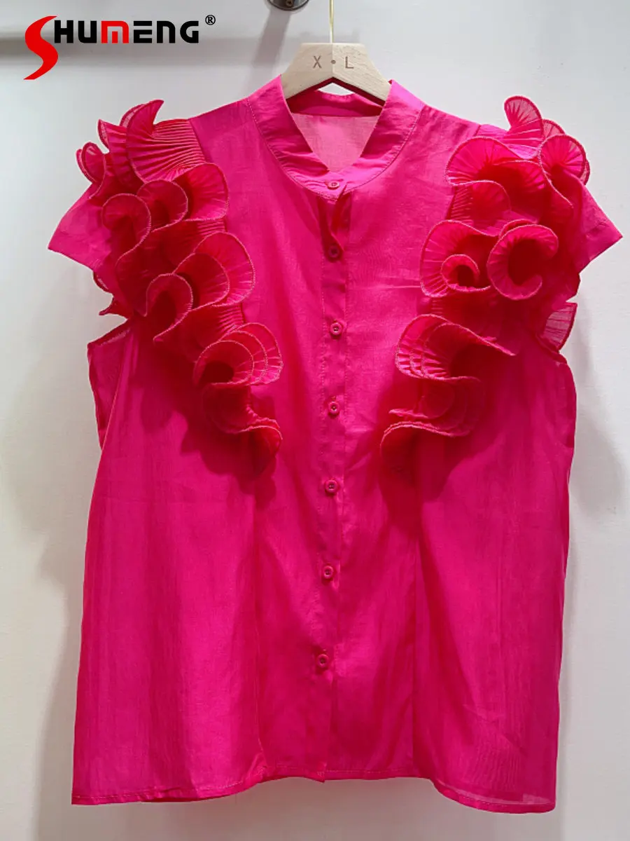 

Sweet Pleated Ruffles Patchwork Round Neck Thin Shirt Women's 2023 Summer Fashion Loose Versatile Western Style Blouses Top