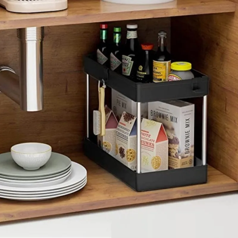 

2 Tier Under Sink Cabinet Storage Baskets Durable Drawer Organizer Multifunction Shelf Bathroom Kitchen Storage Stainless Steel