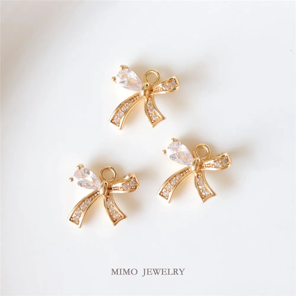 

color retaining copper plated genuine gold zircon micro inlay cute flexible bow pendant DIY hand accessories