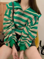 deeptown preppy style striped print hoodies women vintage harajuku sailor collar sweatshirts green loose draw string tops korean