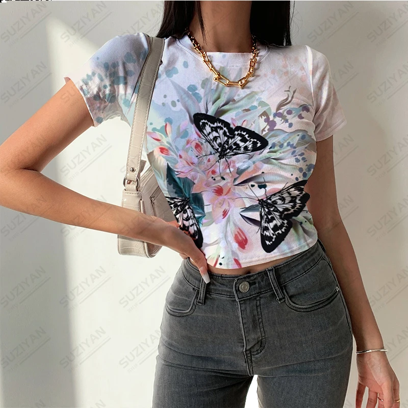 

2023 New 3D Printing Women's Harajuku Tight Ultra Short Fashion T-shirt Pattern Cute Cartoon European and American Top Women's