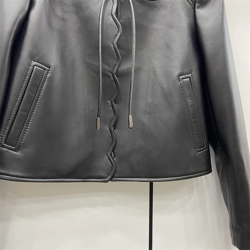 2022 New Real Sheepskin Leather Coats Female Women's Fashion Genuine Leather Motorcycle Jackets V Collar Outerwear With Belt