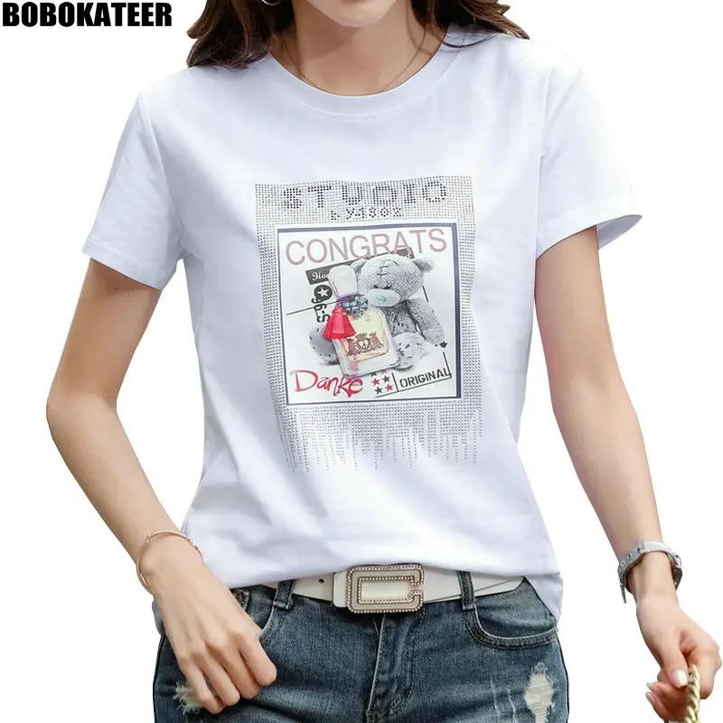 

BOBOKATTER Summer T-shirt Women Clothes Vintage White Casual Tops Short Sleeve Tshirt Black Diamonds Thermal Transfer New 2023