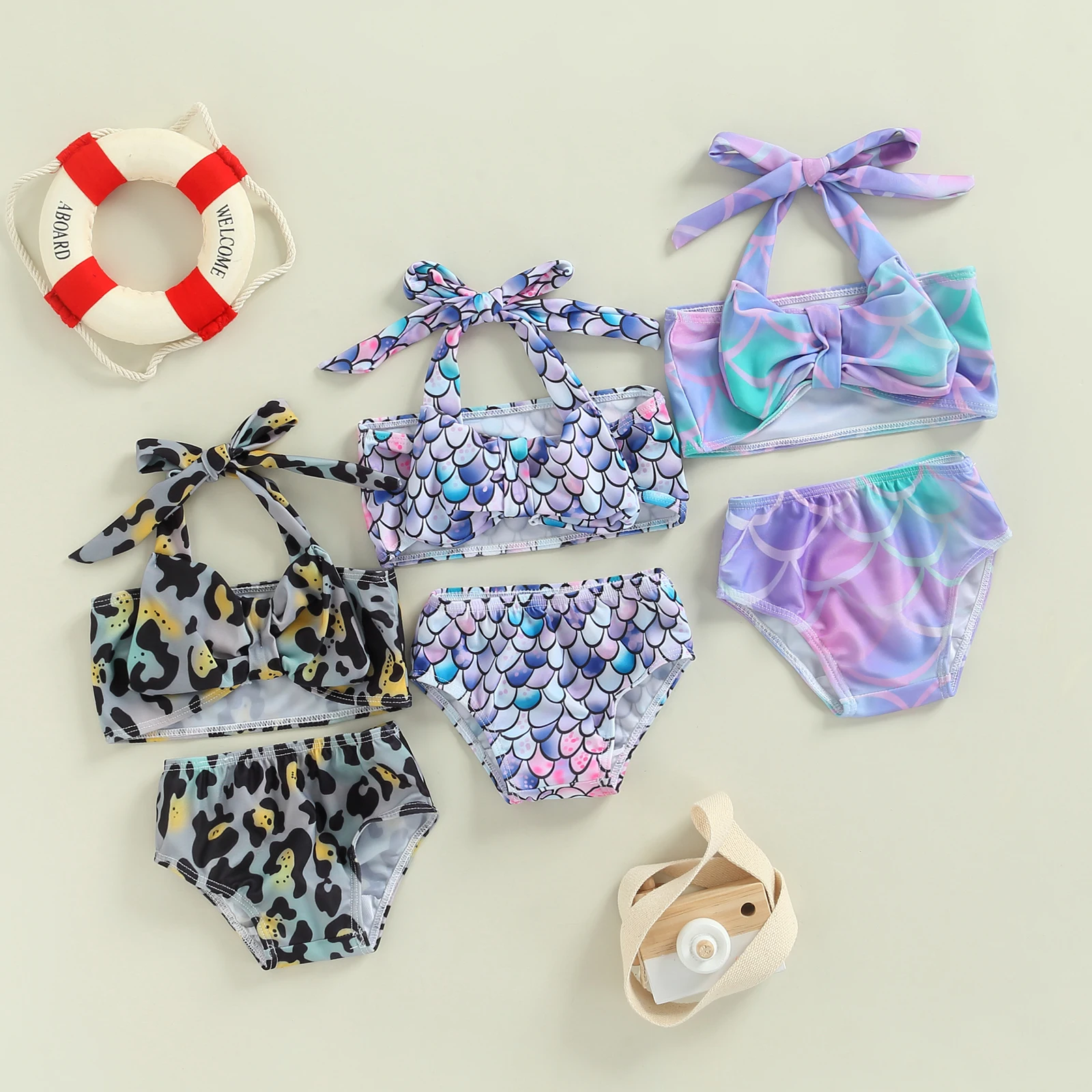 

Kid Baby Girls Two Pieces Swimwear Set Halterneck Bowknot Decoration Leopard Printed Vest Underpants Bikini Outfit Clothing