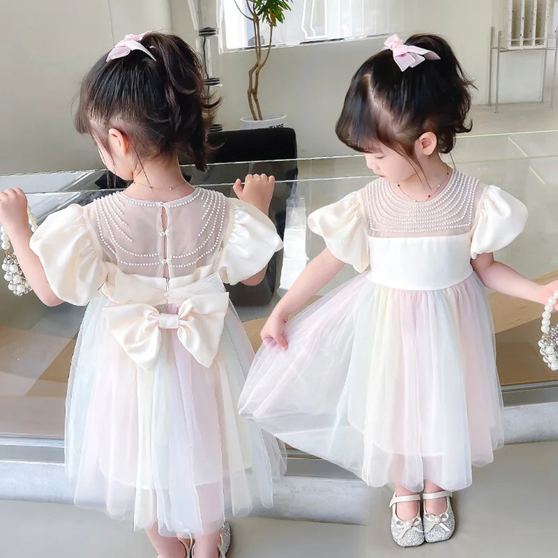 

2022 Korean Pearl Collar Bow Multicolour Puff Sleeve Princess Skirt for Baby Girls Party Dresses for Girls Children's Clothing