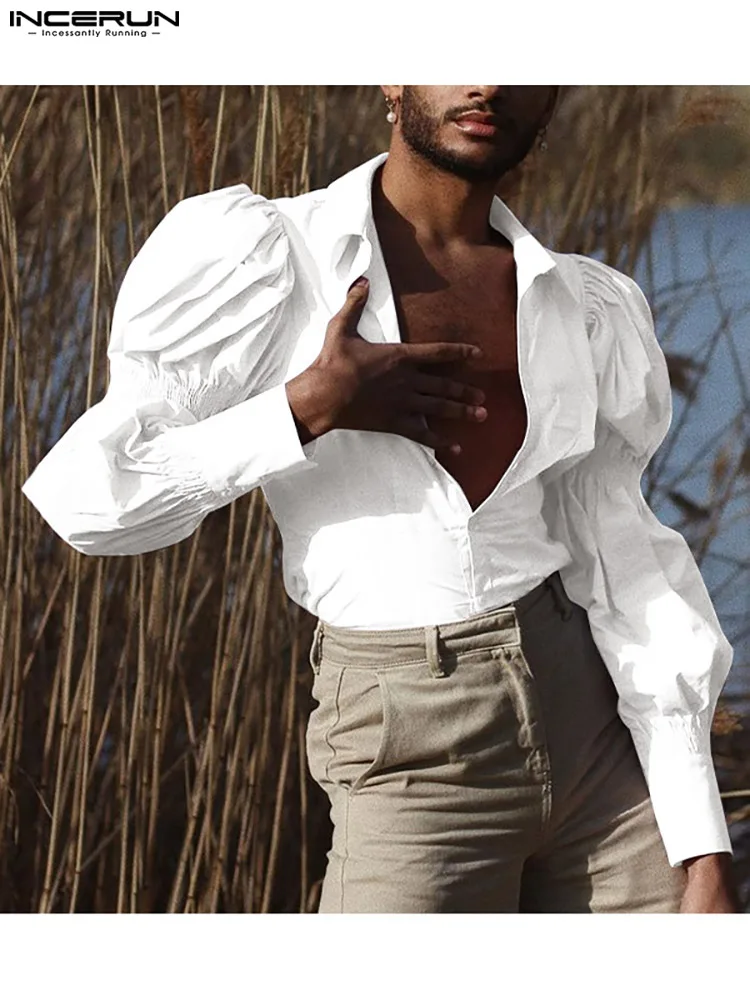 INCERUN Tops 2023 American Style New Men Solid Puff Sleeve Shape Blouse Fashion Party Shows Male Loose Long-sleeved Shirts S-5XL