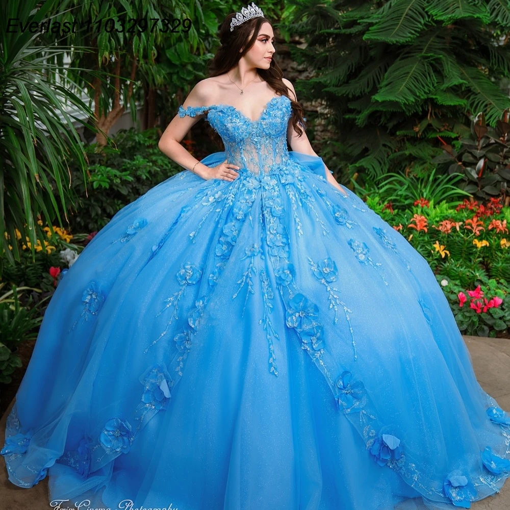 Блестящее синее платье EVLAST для Quinceanera бальное Цветочная аппликация Кристальные