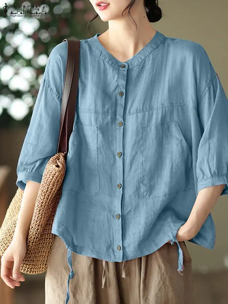 

ZANZEA Vintage O Neck Solid Shirt Women's Summer Blouse Causal Half Sleeve Buttons Blusas Femme Elegant Work Tops Oversize Tunic
