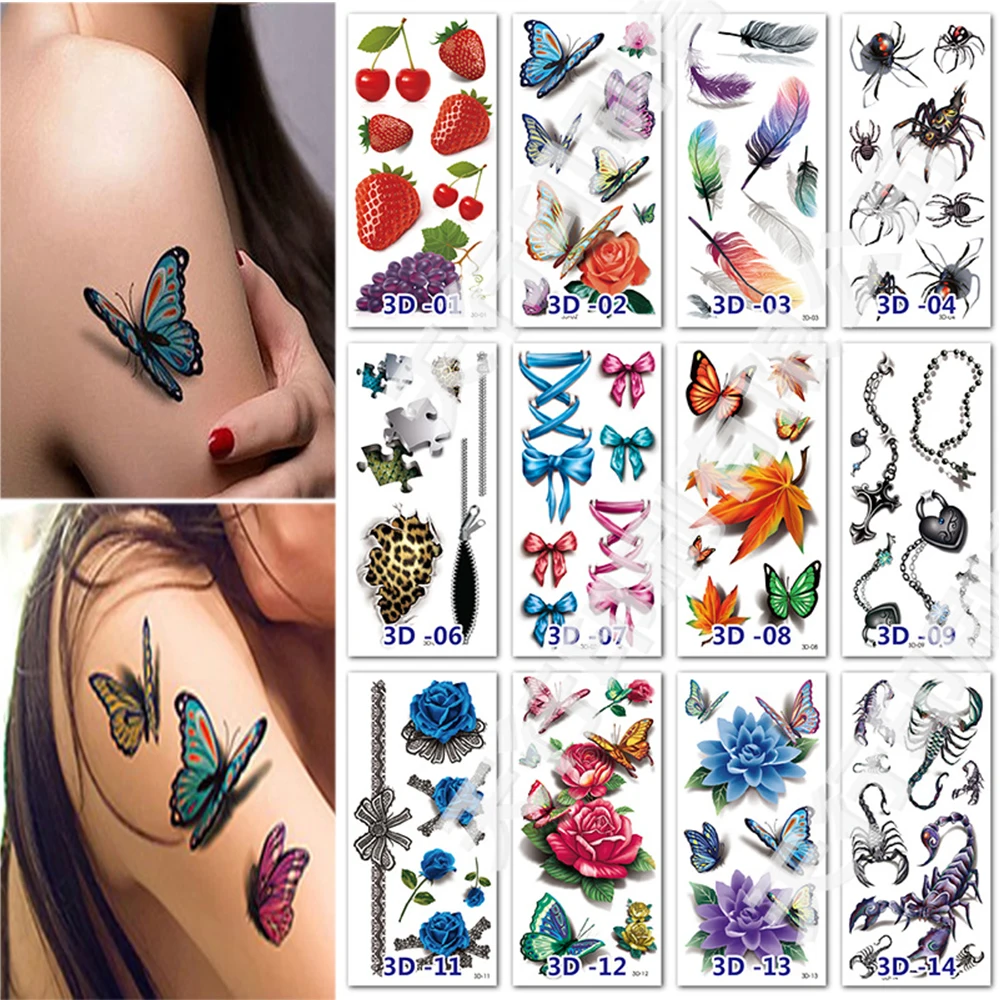 

100Pcs Temporary Tattoo Stickers 3D Flower Butterfly Lips Rose Necklace Insect Scorpion Neck Body Wholesales Women Man Tatoo