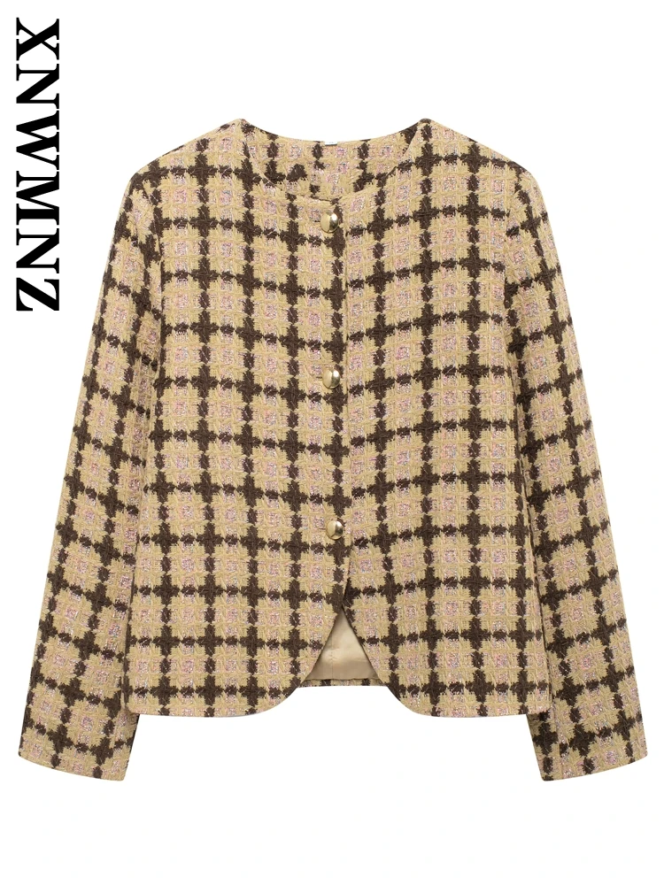 XNWMNZ 2024 новая осенняя женская повседневная куртка в клетку с круглым воротником и