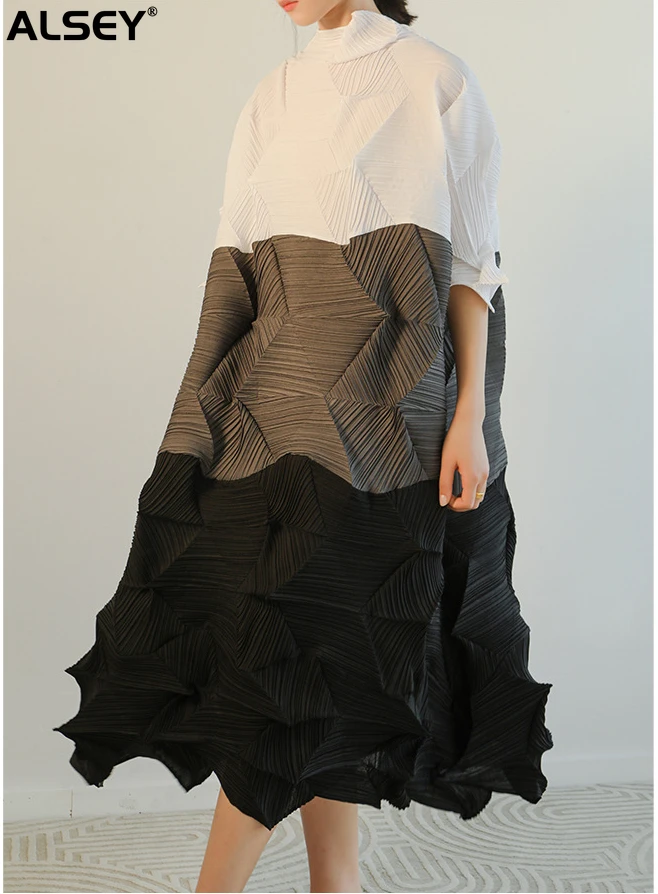 

ALSEY Miyake Pleated Irregular Diamond Check Double Colorblocking Long Skirt Design Loose Slim Casual Clothes for Women Dresses