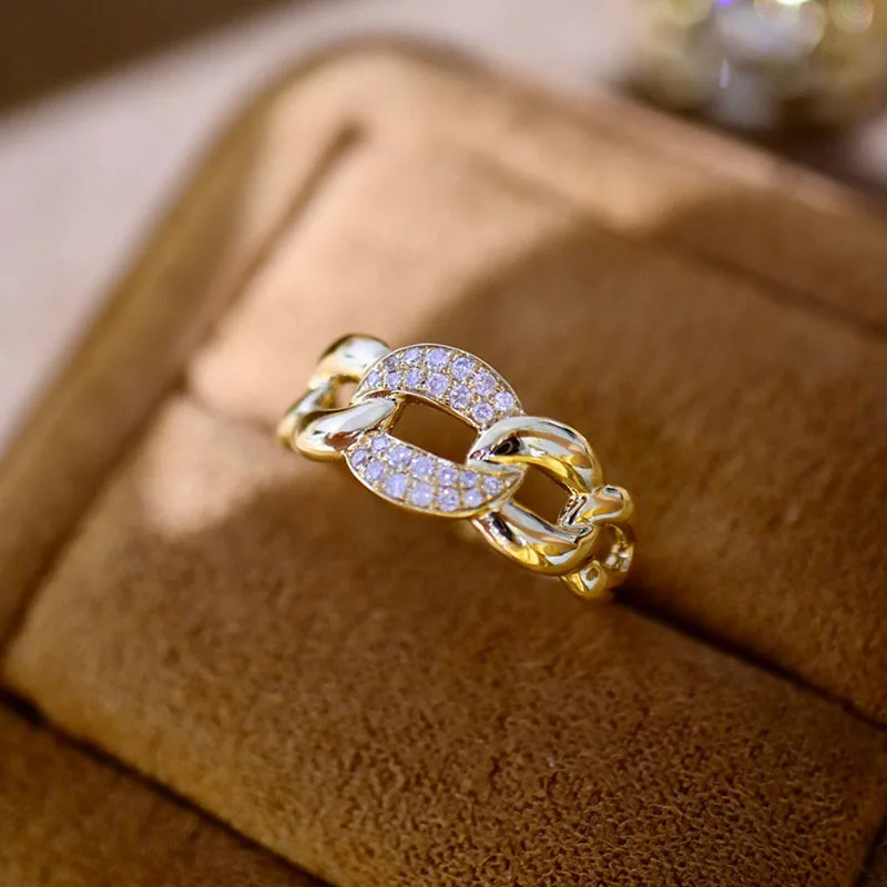 

CxsJeremy Soild 14K 585 Yellow Gold Moissanite Diamonds Geometric Chain Ring Charm Hip Hop Wedding Party Jewelry