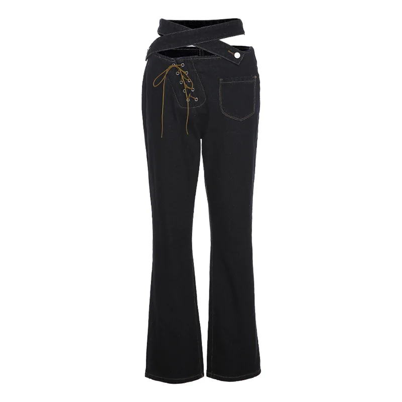 2022 Autumn and Winter New Women's Street Fashion Cross Button Lace-up Hollow Waist Wide Loose Long Wide-leg Casual Jeans