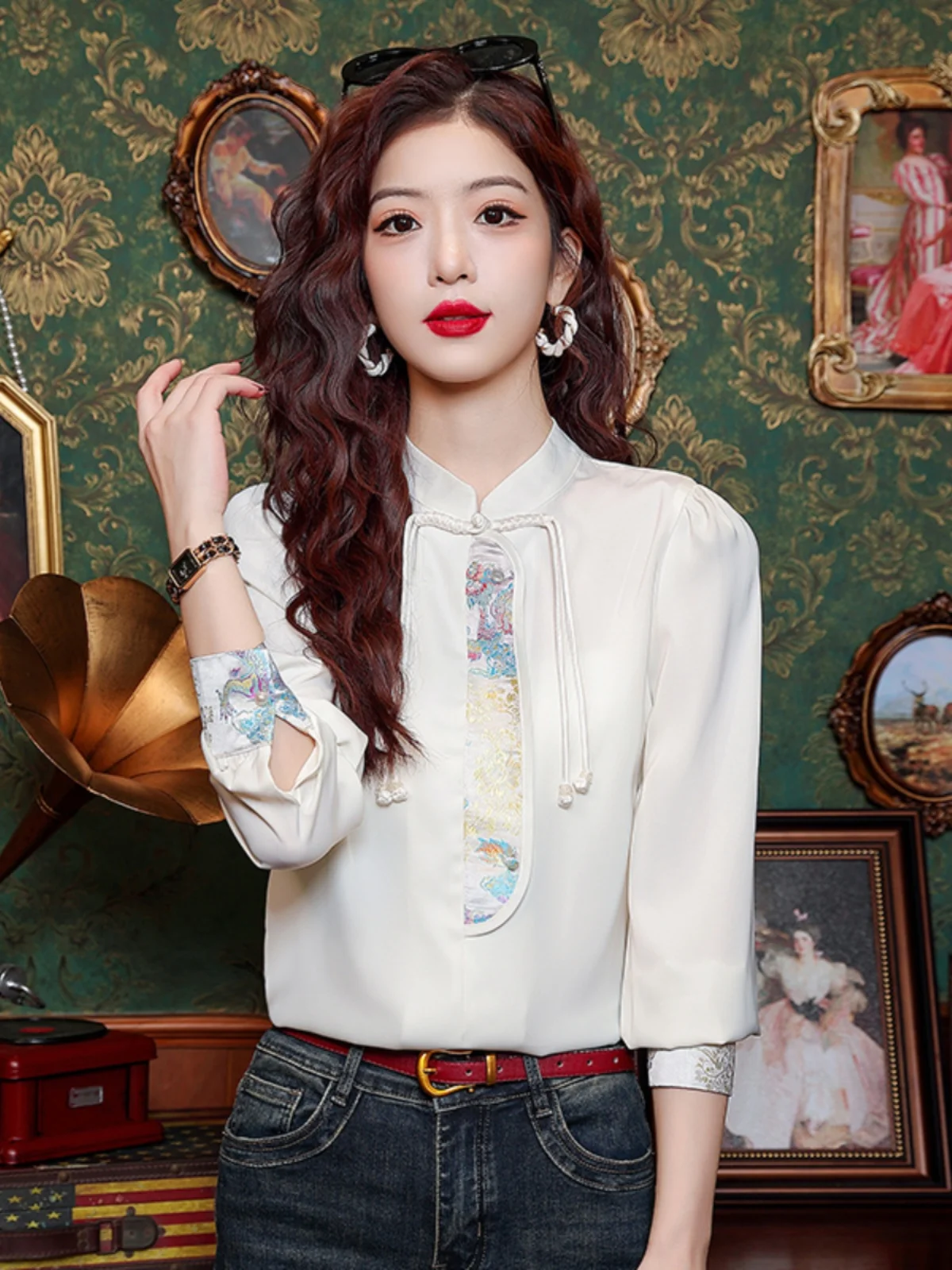 Новинка 2024 китайские рубашки из ацетата с пряжкой в стиле ретро женские