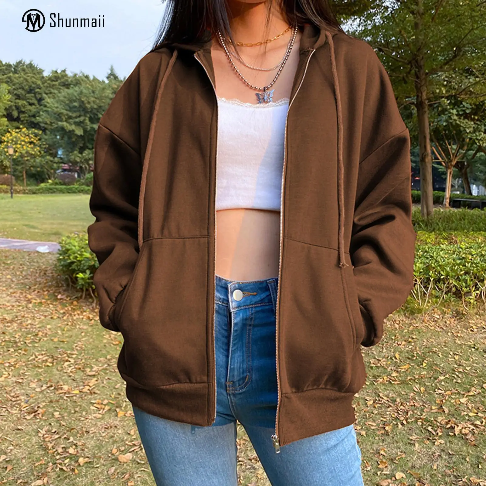 

Ladies Fashion Cami Top Loose Fit Hoodie with Pockets Solid Color Casual Style Long Sleeve Zipper Streetwear Suit