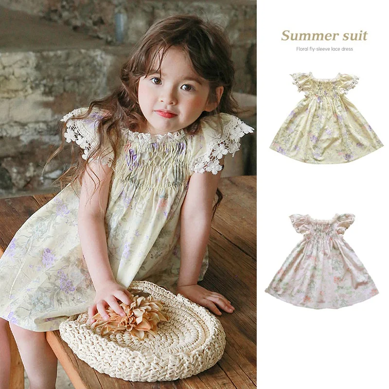 

Girls Dress 2022 Summer Lace Trim Children's Dress Light Yellow Floral Princess Dress Korean Fashion Dress Children's Clothing