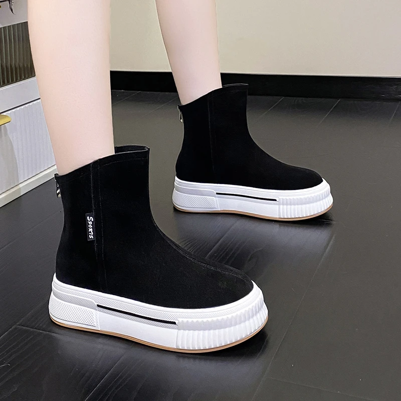 

Замшевые ботильоны из коровьей кожи, черные женские осенние модные ботинки на платформе, ботинки челси, массивные ботинки, женская зимняя о...