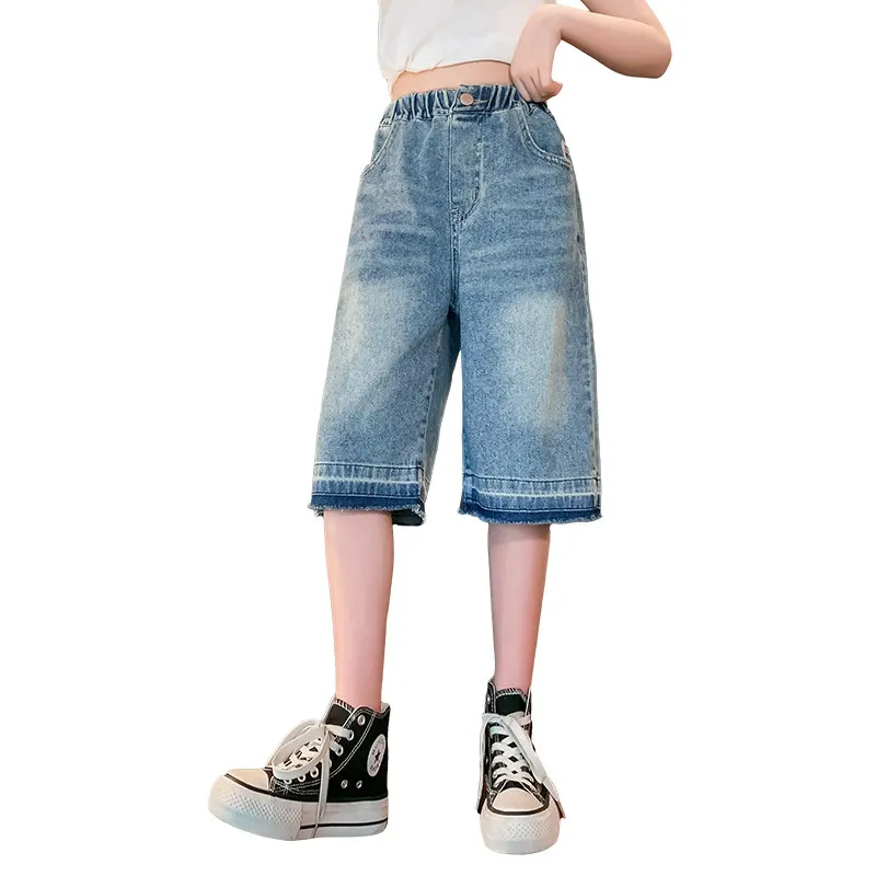 

2023 Summer High Waist Cotton Denim Shorts For Teen Girls Clothes New Arrivals Solid Color Fashion Half Pants 6 8 10 12 14 Years