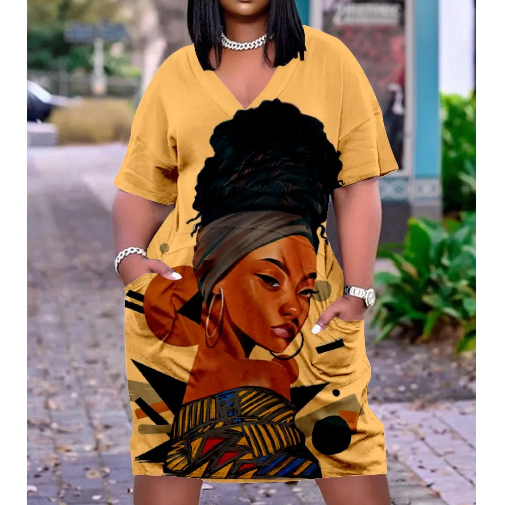 

Girls Summer Dress Women's Fashion Vintage V-Neck Short Sleeve Africa Dress Sexy Midi Pocket Boho Beach Dresses Evening Party