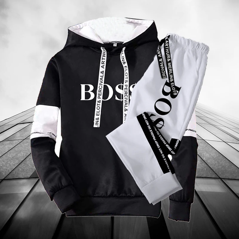 

Мужской зимний комплект с худи, спортивная одежда, брендовый мужской костюм из свитшота и спортивных брюк, уличная одежда с кулиской, пулове...